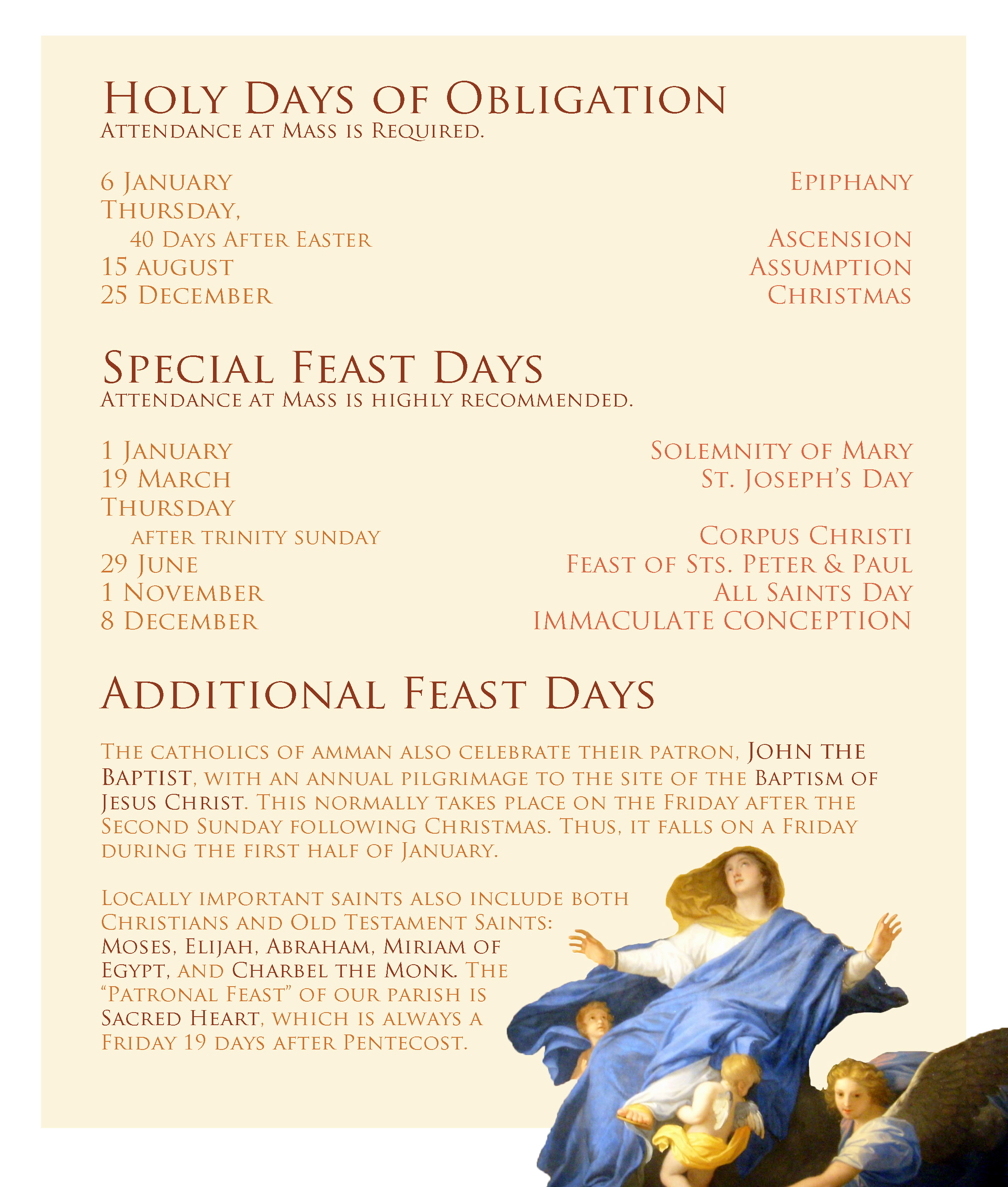 Holy Days of Obligation and Special Feasts – Sacred Heart English Language Parish, Amman – Jordan